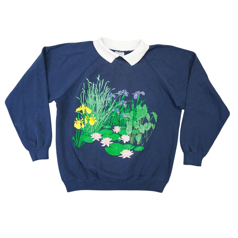 Vintage 80s Hanes Sweatshirt Women L Navy Blue Floral Water Lily Collared USA